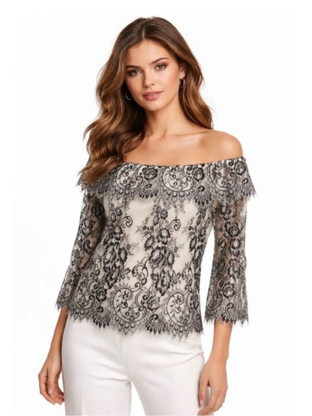 White House Black Market Ivory & Black Lace Off Shoulder Blouse sz M